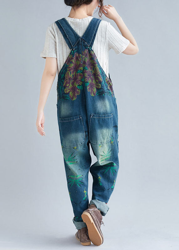 Women Blue Pocket Patch Print Denim Jumpsuit Spring